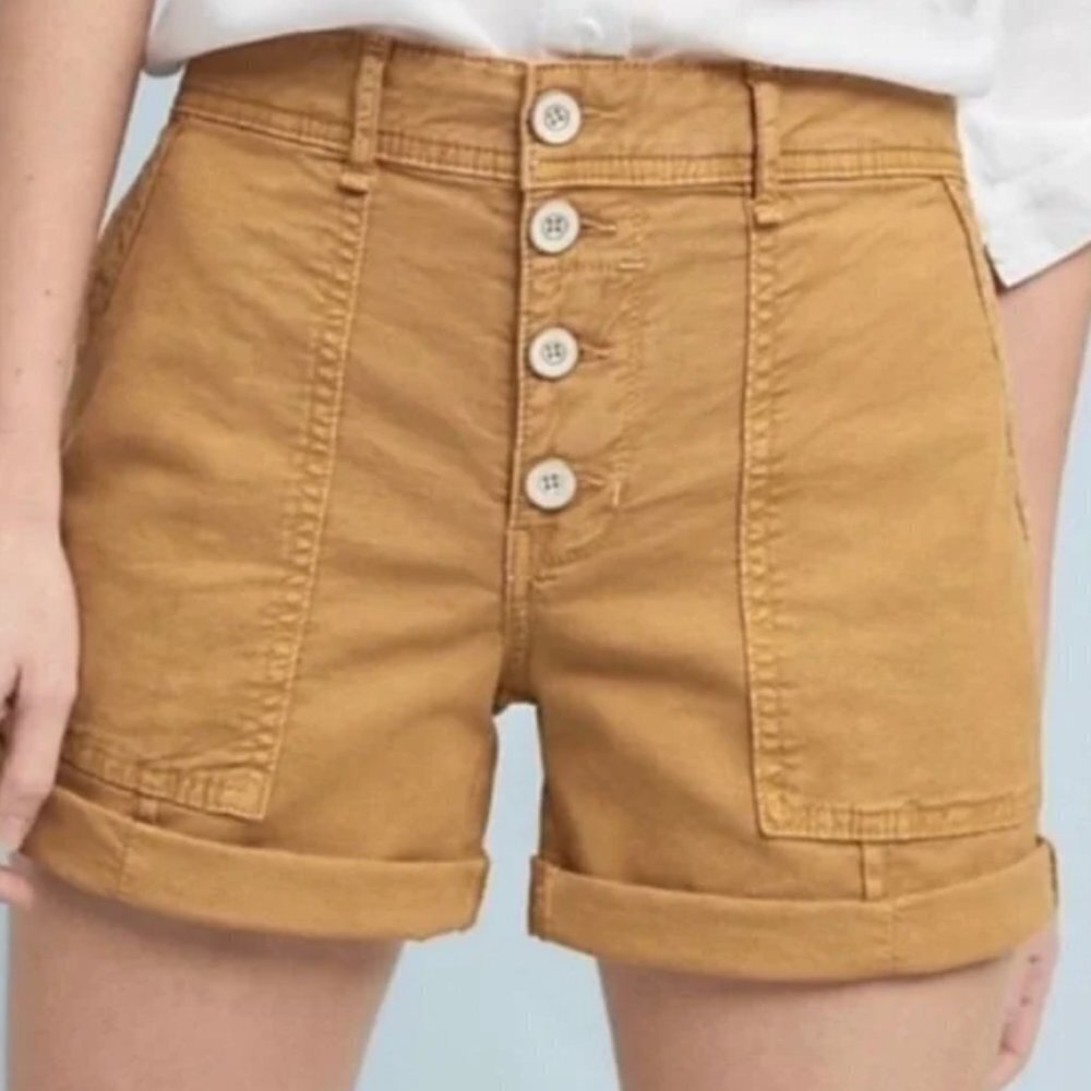 🦋 ANTHROPOLOGIE Wandered Button Fly Shorts 25 Brown Tan Casual Boho High Rise